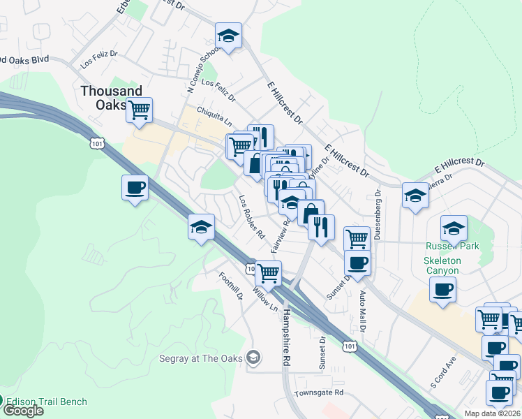 map of restaurants, bars, coffee shops, grocery stores, and more near 2874 Crescent Way in Thousand Oaks
