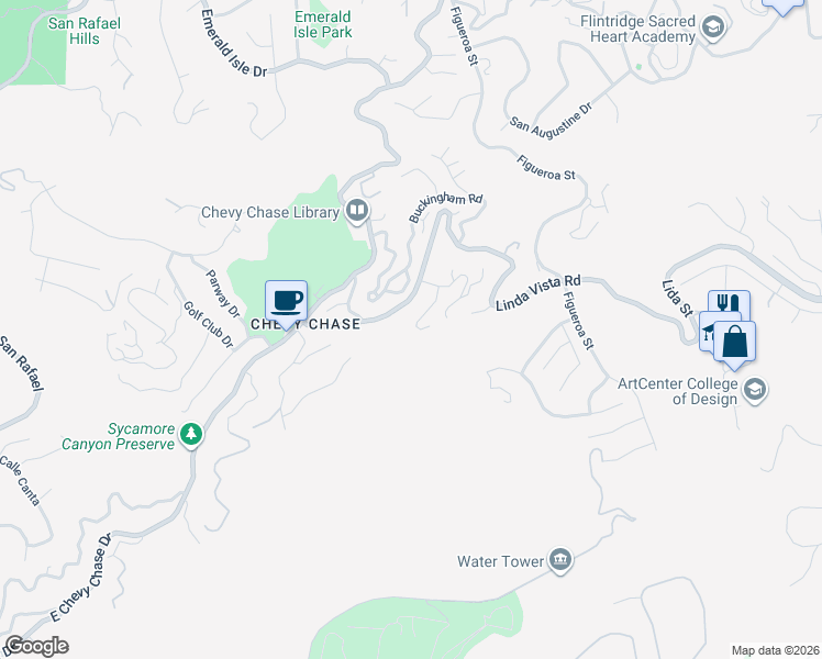 map of restaurants, bars, coffee shops, grocery stores, and more near 3205 Cornwall Drive in Glendale