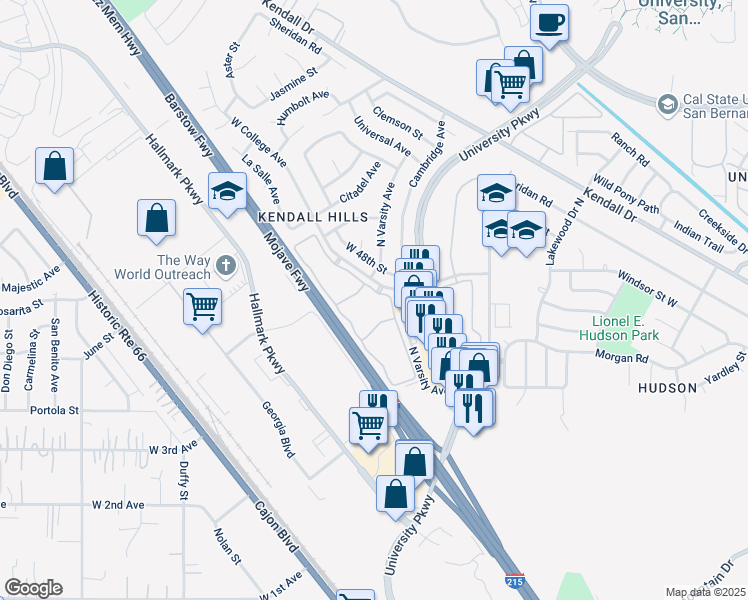 map of restaurants, bars, coffee shops, grocery stores, and more near 2065 West College Avenue in San Bernardino