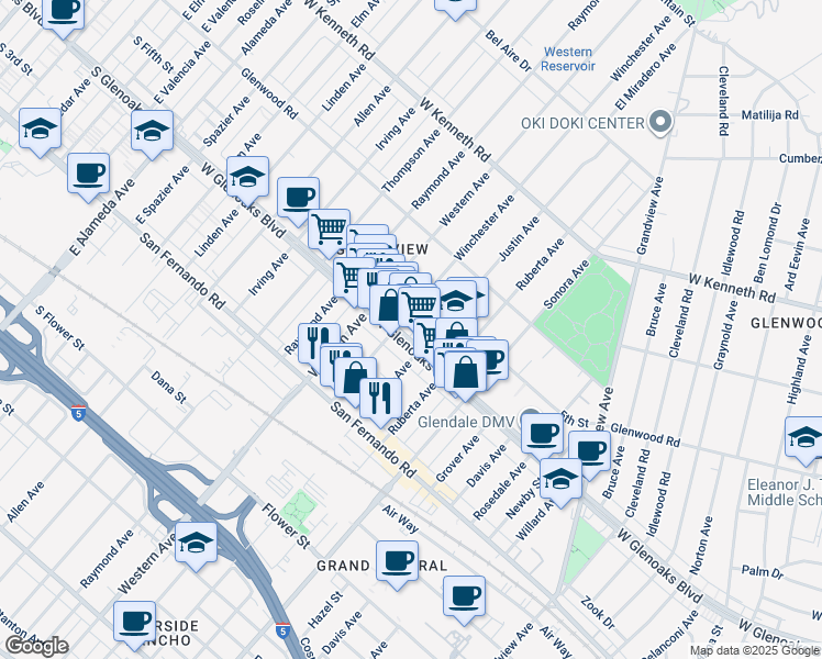 map of restaurants, bars, coffee shops, grocery stores, and more near 1612 West Glenoaks Boulevard in Glendale
