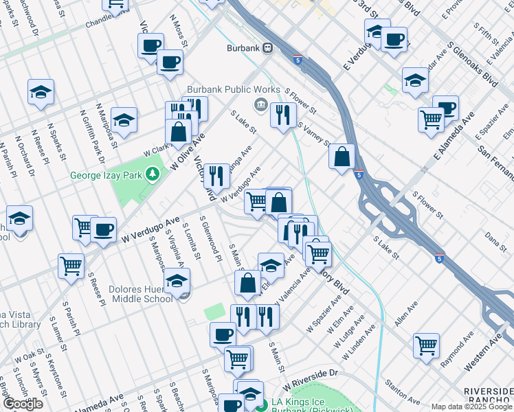map of restaurants, bars, coffee shops, grocery stores, and more near 502 South Victory Boulevard in Burbank