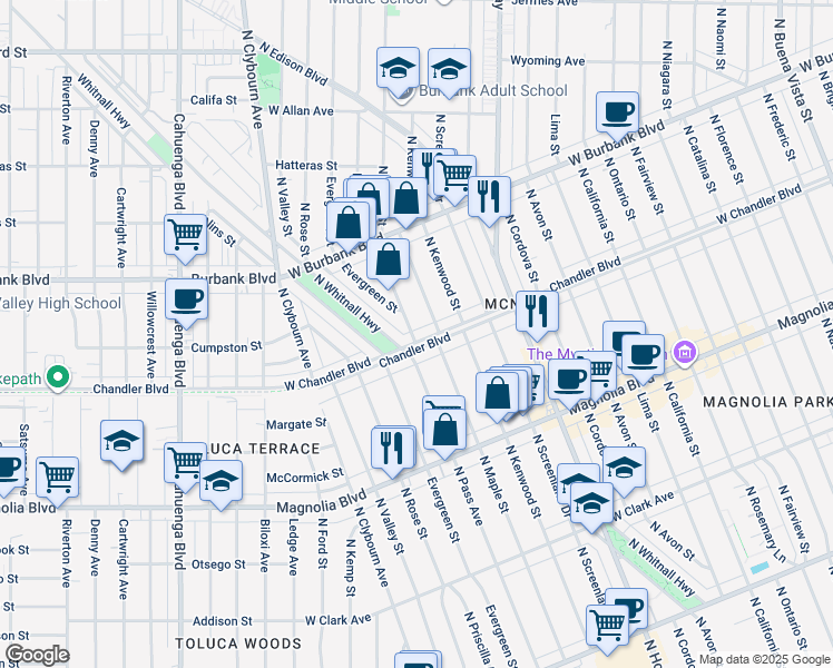 map of restaurants, bars, coffee shops, grocery stores, and more near 1200 North Pass Avenue in Burbank