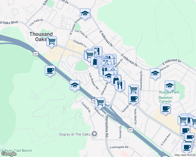 map of restaurants, bars, coffee shops, grocery stores, and more near 2874 Crescent Way in Thousand Oaks
