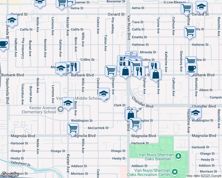map of restaurants, bars, coffee shops, grocery stores, and more near 5473 Vesper Avenue in Los Angeles