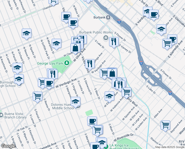map of restaurants, bars, coffee shops, grocery stores, and more near 422 South Victory Boulevard in Burbank