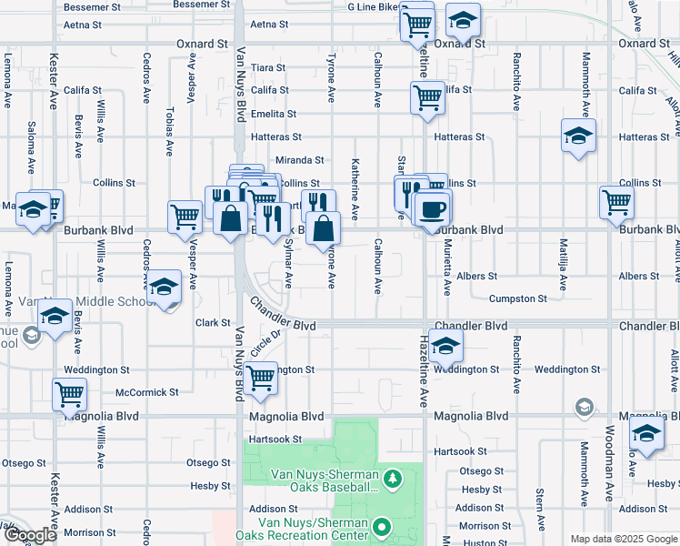 map of restaurants, bars, coffee shops, grocery stores, and more near 5504 Tyrone Avenue in Los Angeles