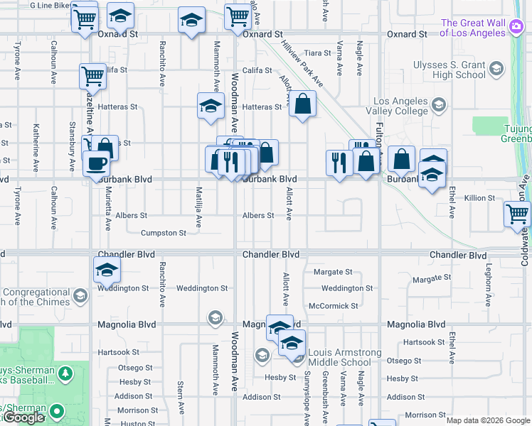 map of restaurants, bars, coffee shops, grocery stores, and more near 5503 Ventura Canyon Avenue in Los Angeles