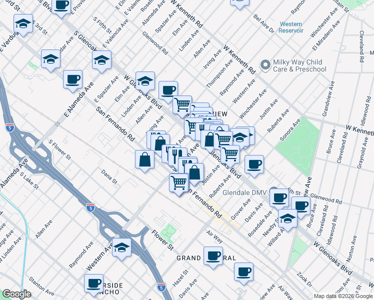 map of restaurants, bars, coffee shops, grocery stores, and more near 1049 Western Avenue in Glendale
