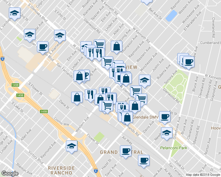 map of restaurants, bars, coffee shops, grocery stores, and more near 1049 Western Avenue in Glendale
