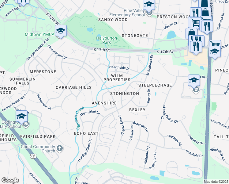 map of restaurants, bars, coffee shops, grocery stores, and more near 4170 Woodstock Drive in Wilmington