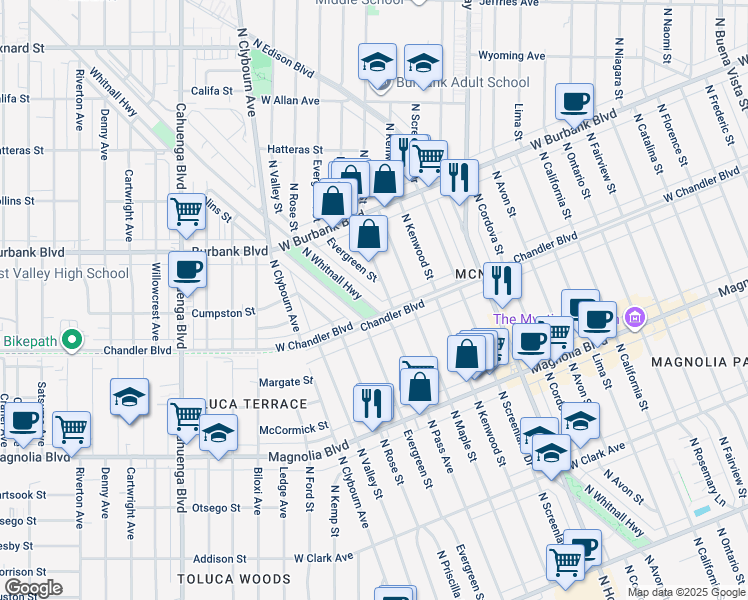 map of restaurants, bars, coffee shops, grocery stores, and more near 1212 North Whitnall Highway in Burbank