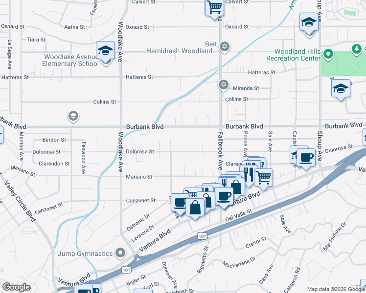 map of restaurants, bars, coffee shops, grocery stores, and more near 22931 Dolorosa Street in Los Angeles