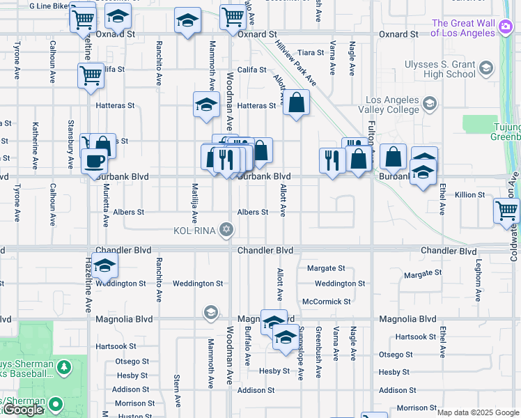 map of restaurants, bars, coffee shops, grocery stores, and more near 5503 Ventura Canyon Avenue in Los Angeles