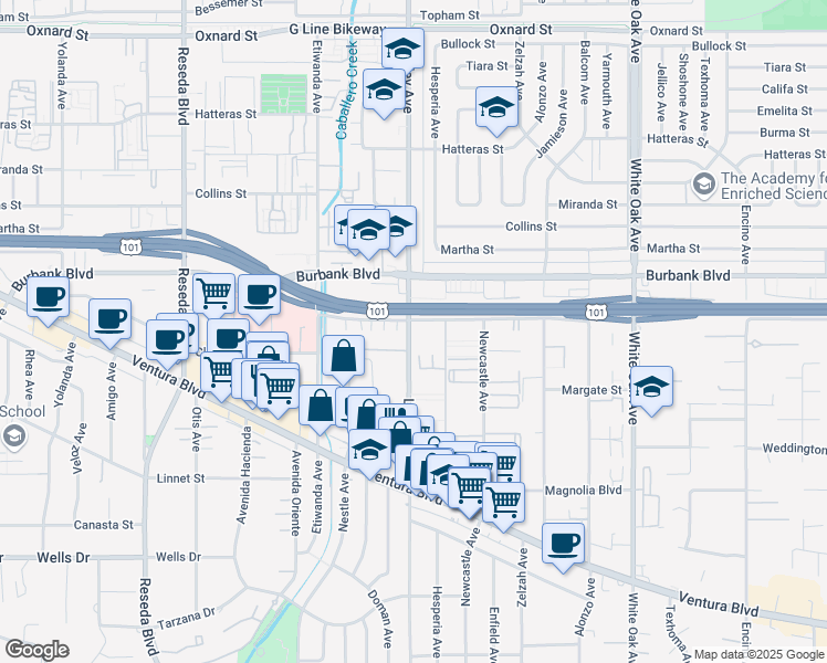map of restaurants, bars, coffee shops, grocery stores, and more near 5442 Lindley Avenue in Los Angeles