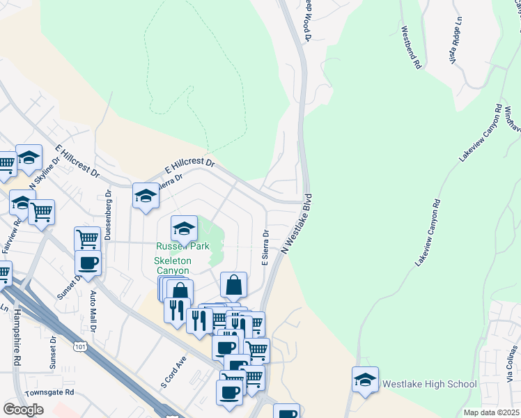 map of restaurants, bars, coffee shops, grocery stores, and more near 3055 East Sierra Drive in Thousand Oaks