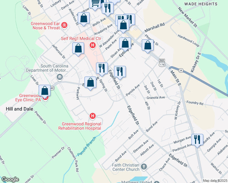 map of restaurants, bars, coffee shops, grocery stores, and more near 1520 Edgefield Street in Greenwood