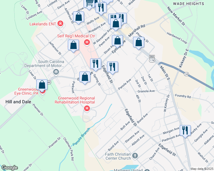 map of restaurants, bars, coffee shops, grocery stores, and more near 1520 Edgefield Street in Greenwood