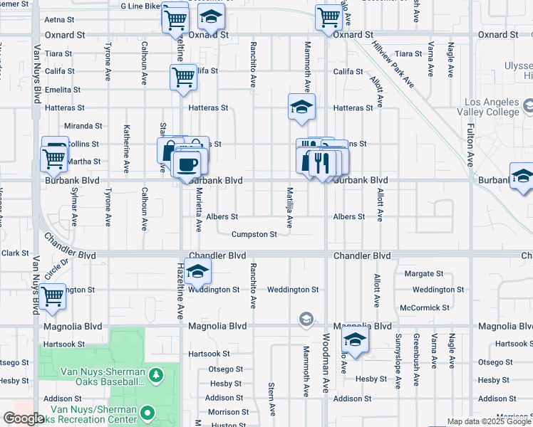 map of restaurants, bars, coffee shops, grocery stores, and more near 5501 Cantaloupe Avenue in Los Angeles