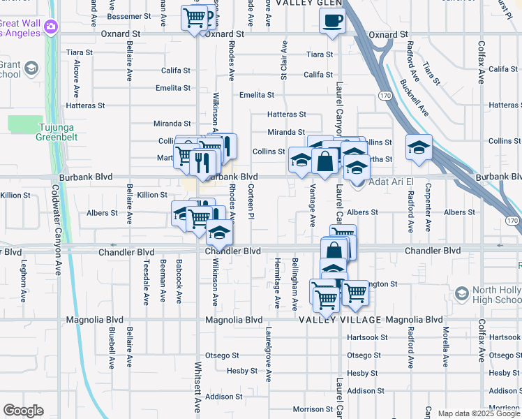 map of restaurants, bars, coffee shops, grocery stores, and more near 5444 Corteen Place in Los Angeles