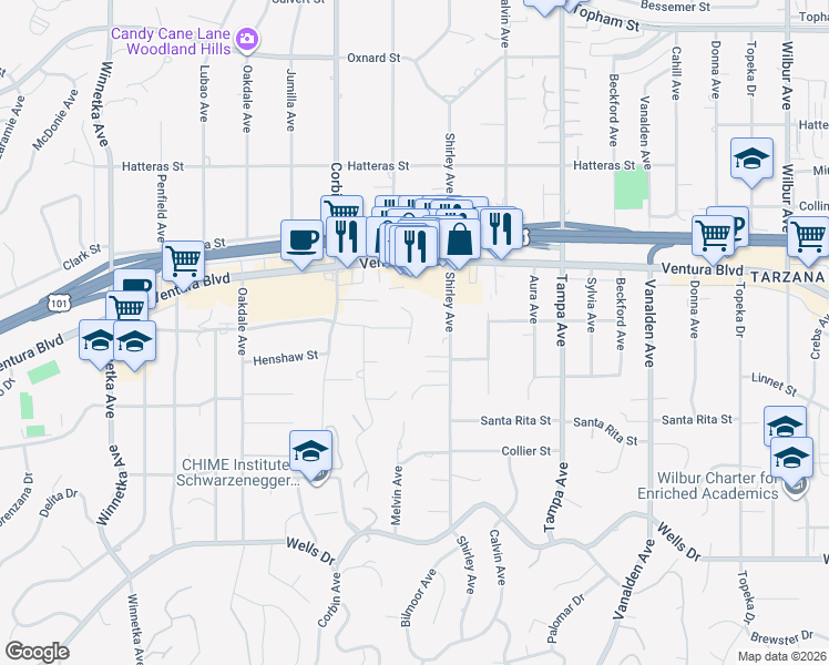 map of restaurants, bars, coffee shops, grocery stores, and more near 19538 Redwing Street in Los Angeles