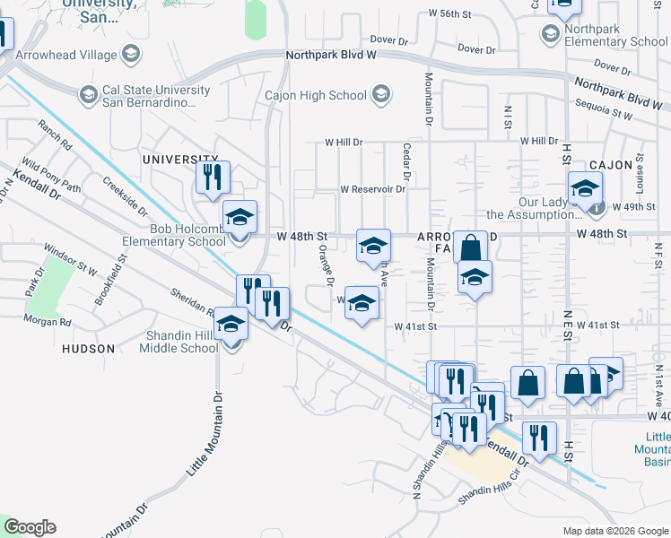 map of restaurants, bars, coffee shops, grocery stores, and more near 4695 Orange Drive in San Bernardino