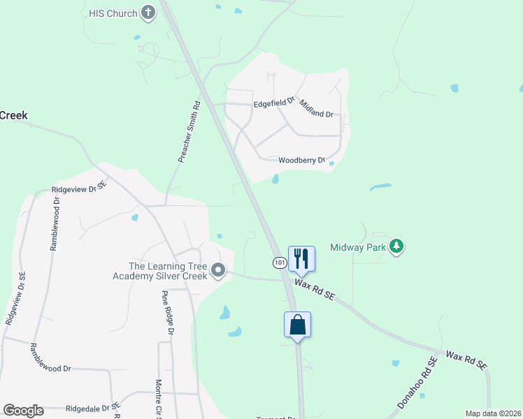 map of restaurants, bars, coffee shops, grocery stores, and more near 135 Wax Road Southeast in Silver Creek