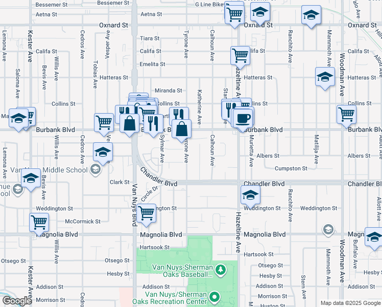 map of restaurants, bars, coffee shops, grocery stores, and more near 5504 Tyrone Avenue in Los Angeles