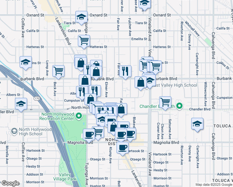 map of restaurants, bars, coffee shops, grocery stores, and more near 5500 Klump Avenue in Los Angeles