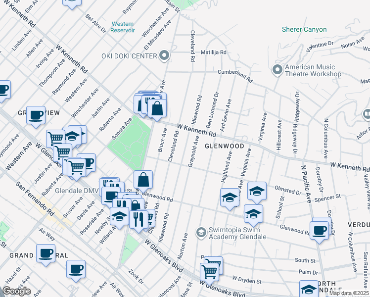 map of restaurants, bars, coffee shops, grocery stores, and more near Idlewood Road in Glendale
