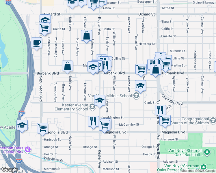 map of restaurants, bars, coffee shops, grocery stores, and more near 5506 Bevis Avenue in Los Angeles