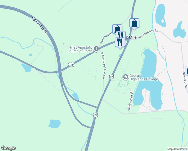 map of restaurants, bars, coffee shops, grocery stores, and more near 18 College Park Drive Southwest in Rome