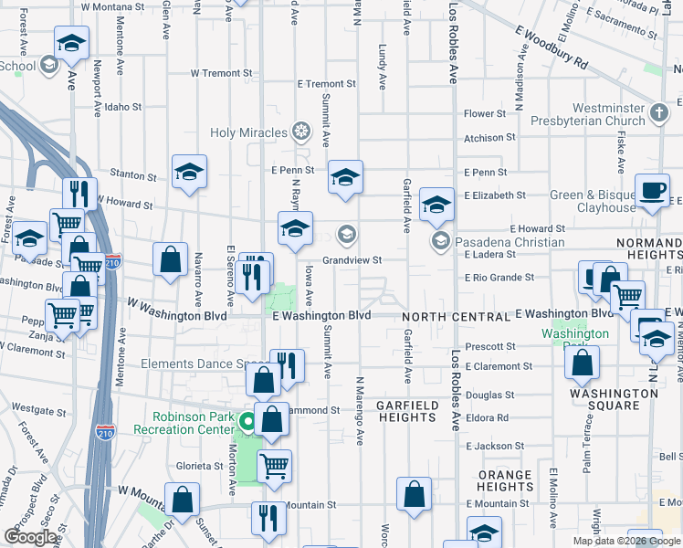 map of restaurants, bars, coffee shops, grocery stores, and more near 1438 North Summit Avenue in Pasadena