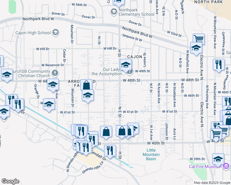 map of restaurants, bars, coffee shops, grocery stores, and more near 4144 North E Street in San Bernardino