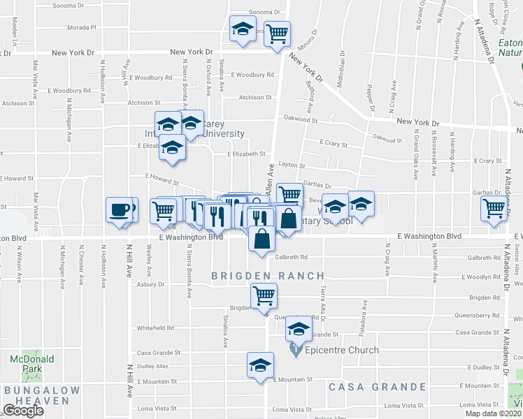 map of restaurants, bars, coffee shops, grocery stores, and more near 1395 Allen Avenue in Pasadena