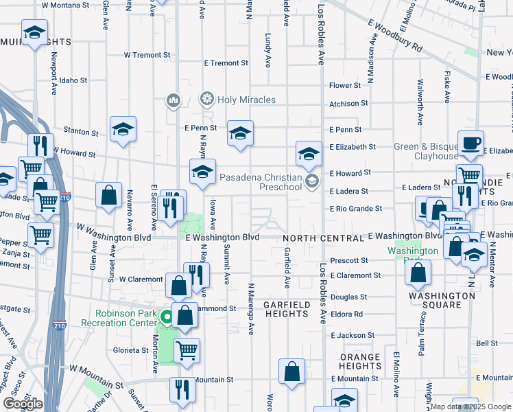 map of restaurants, bars, coffee shops, grocery stores, and more near 1404 North Marengo Avenue in Pasadena