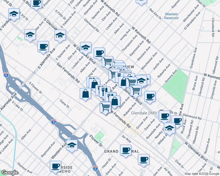 map of restaurants, bars, coffee shops, grocery stores, and more near 1031 Western Avenue in Glendale