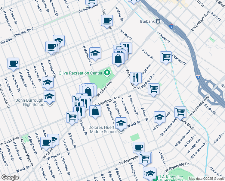 map of restaurants, bars, coffee shops, grocery stores, and more near 122 South Virginia Avenue in Burbank