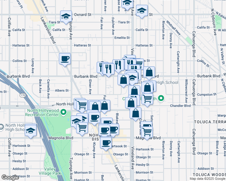 map of restaurants, bars, coffee shops, grocery stores, and more near 11103 Cumpston Street in Los Angeles
