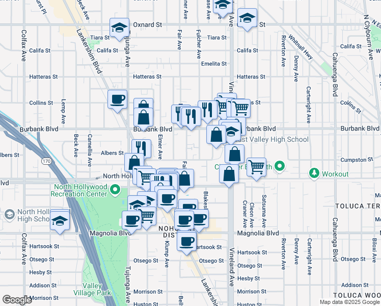 map of restaurants, bars, coffee shops, grocery stores, and more near 5500 Bonner Avenue in Los Angeles