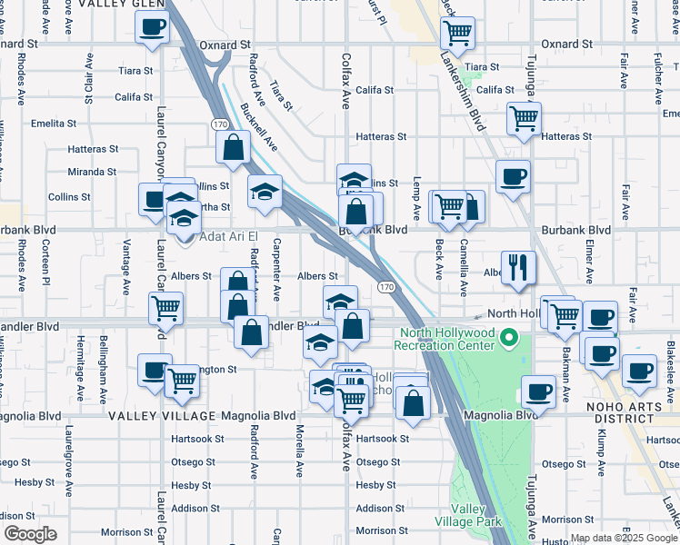 map of restaurants, bars, coffee shops, grocery stores, and more near 5446 Colfax Avenue in Los Angeles