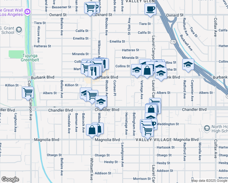 map of restaurants, bars, coffee shops, grocery stores, and more near 5445 Corteen Place in Los Angeles