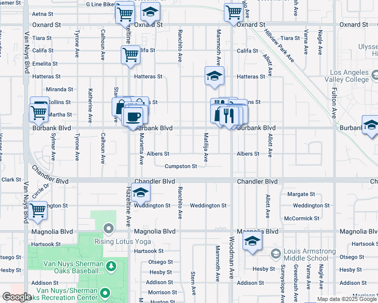 map of restaurants, bars, coffee shops, grocery stores, and more near 13854 Albers Street in Los Angeles