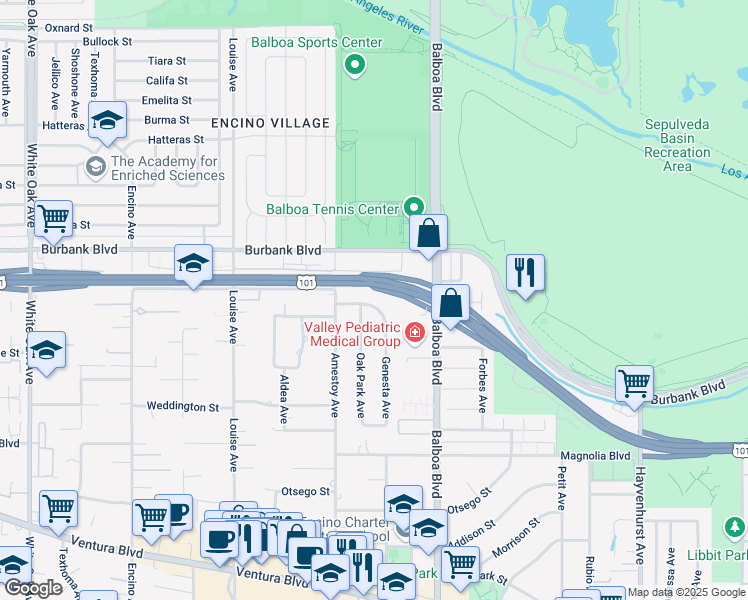 map of restaurants, bars, coffee shops, grocery stores, and more near 5441 Oak Park Avenue in Los Angeles