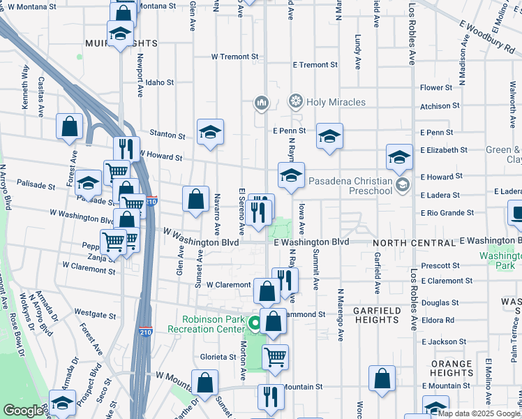 map of restaurants, bars, coffee shops, grocery stores, and more near 1410 North Fair Oaks Avenue in Pasadena