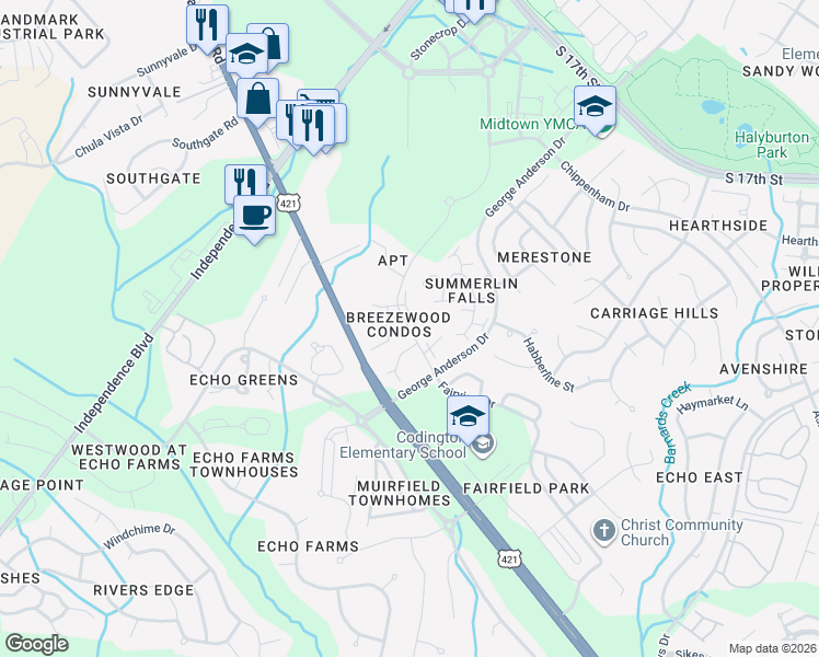 map of restaurants, bars, coffee shops, grocery stores, and more near 4562 Breezewood Drive in Wilmington