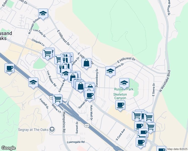 map of restaurants, bars, coffee shops, grocery stores, and more near 141 Duesenberg Drive in Westlake Village
