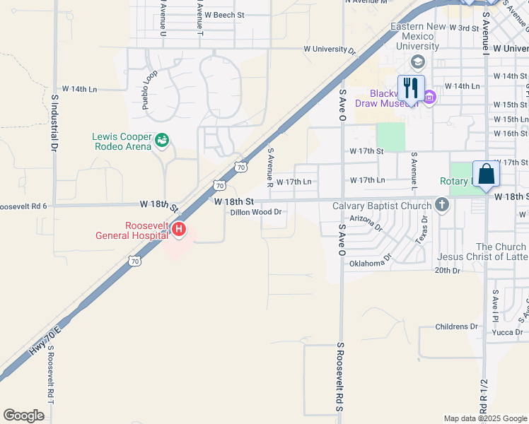 map of restaurants, bars, coffee shops, grocery stores, and more near 1900 Dillon Wood Drive in Portales