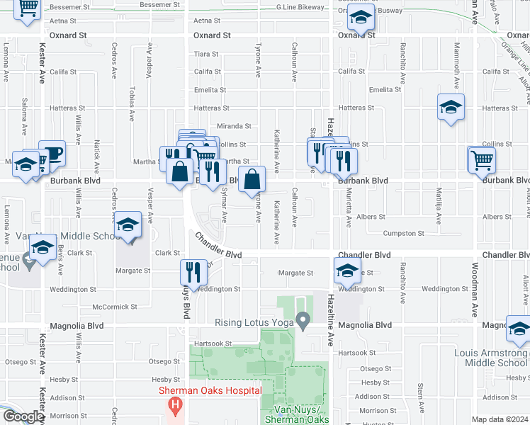 map of restaurants, bars, coffee shops, grocery stores, and more near 5504 Tyrone Avenue in Los Angeles