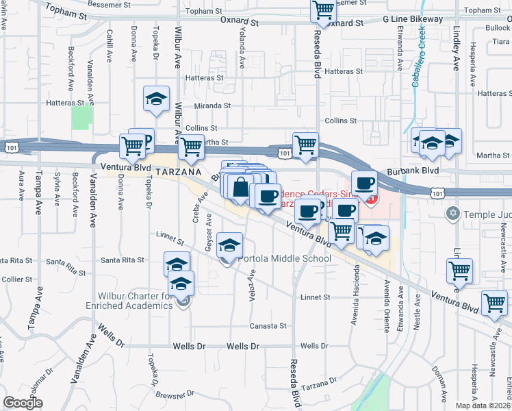 map of restaurants, bars, coffee shops, grocery stores, and more near 18663 Ventura Boulevard in Los Angeles