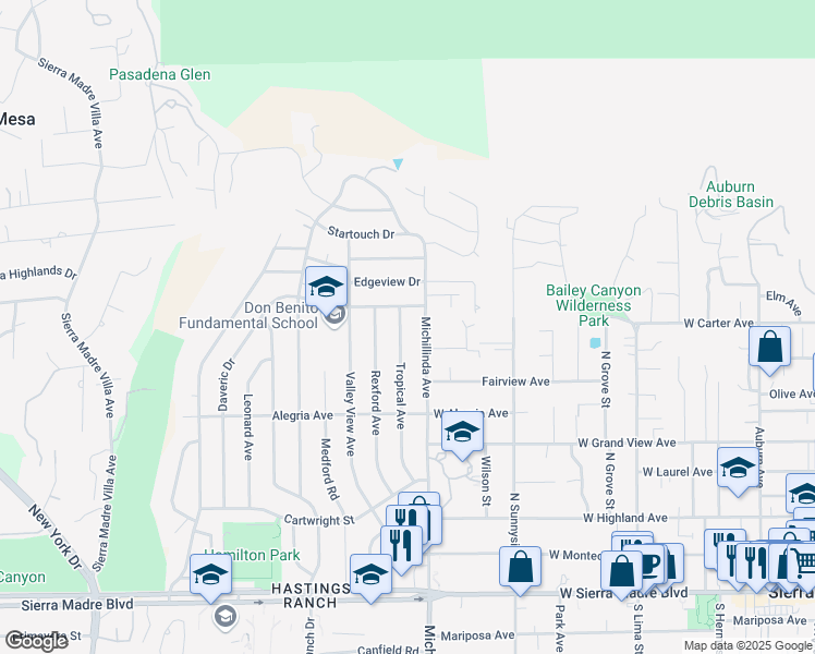 map of restaurants, bars, coffee shops, grocery stores, and more near 1400 Tropical Avenue in Pasadena